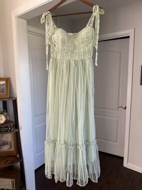 Blu Pepper Mint Green Tie-Shoulder Dotted Mesh Maxi Dress